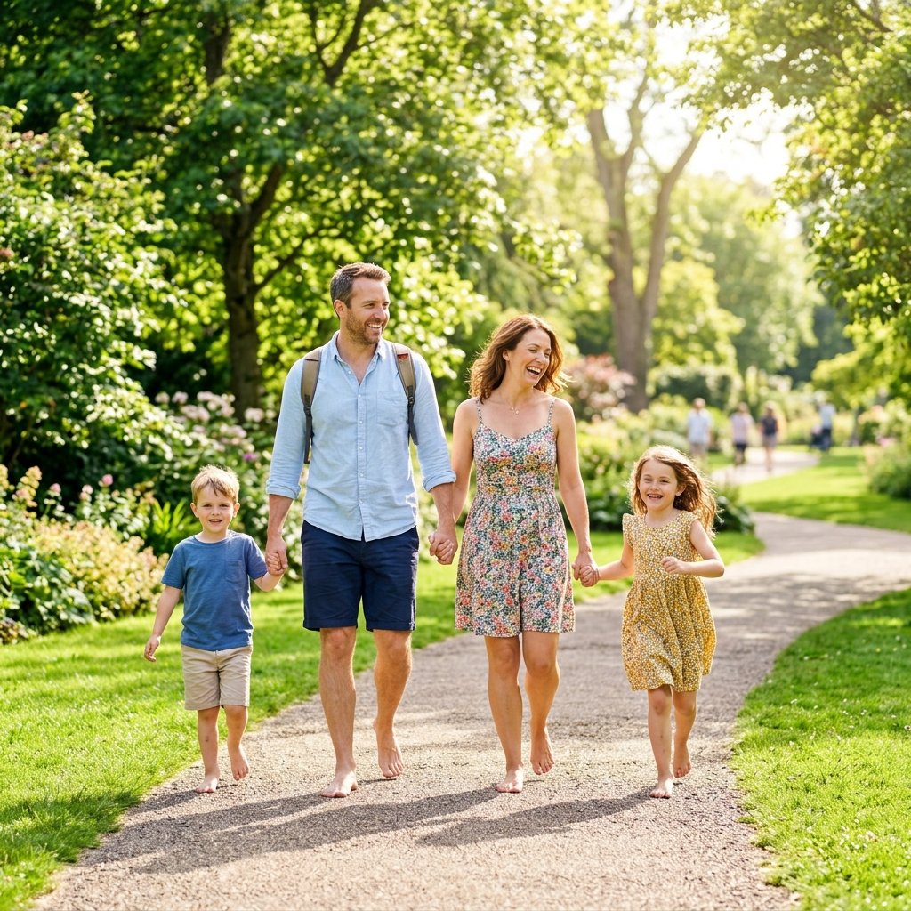 Happy family walking in a park